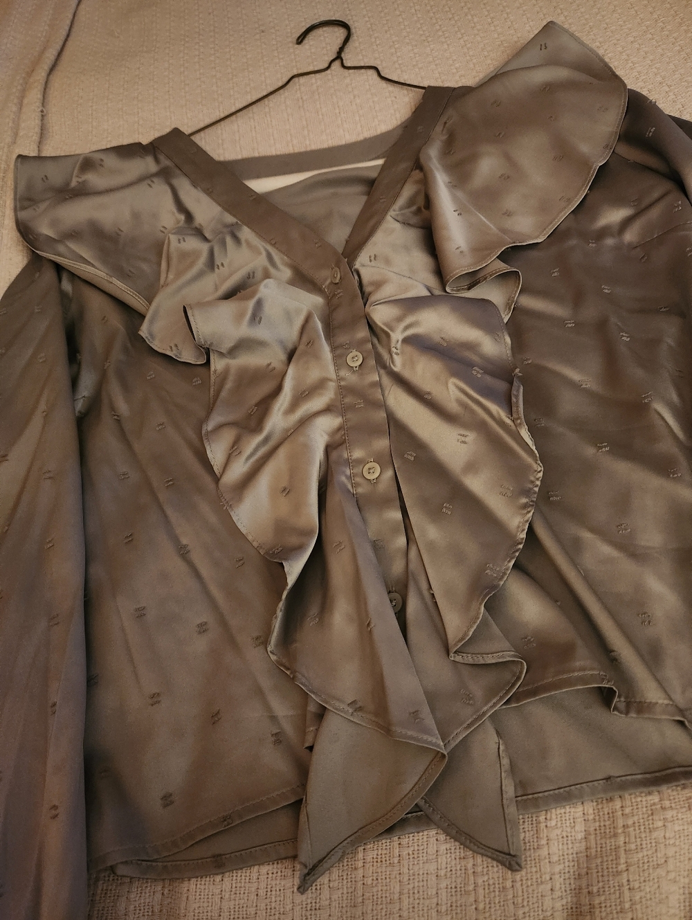 Express Olive Satin Ruffle Button-Front Blouse